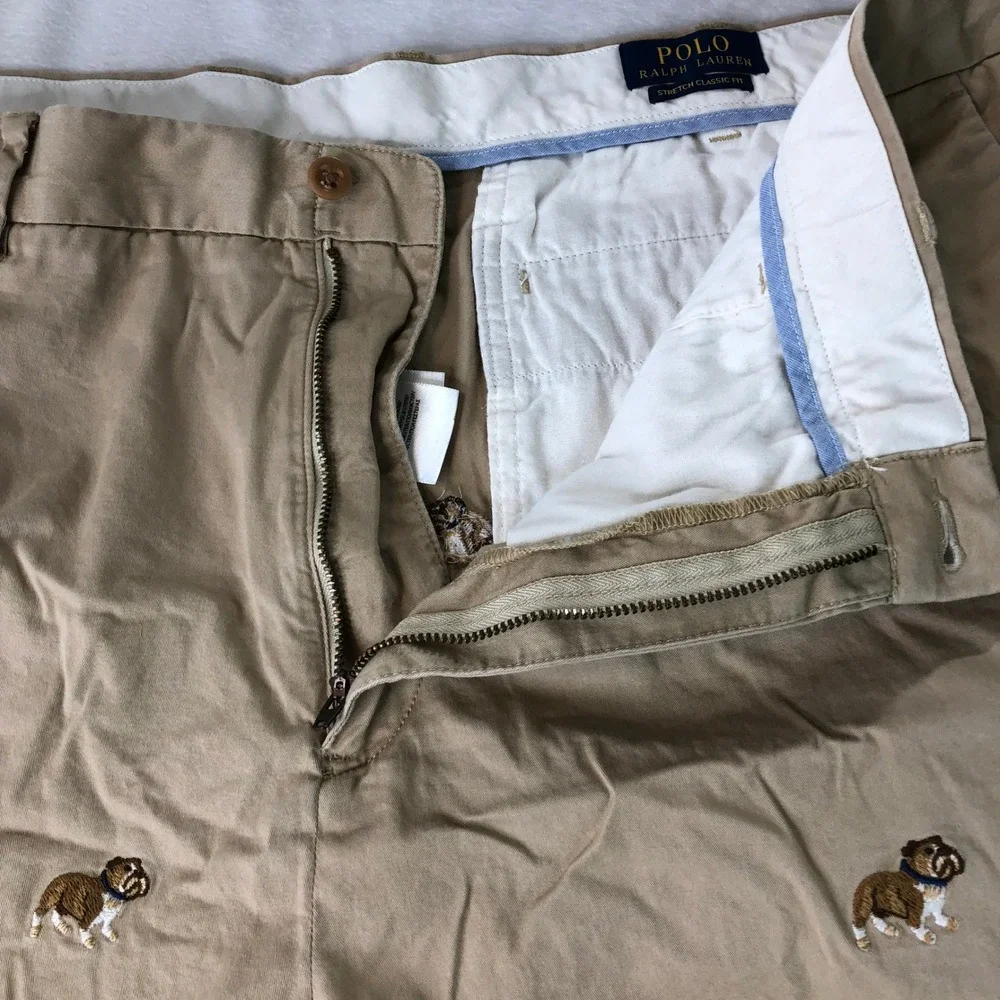 Polo Ralph Lauren Bulldog Shorts Mens 40 Khaki Embroidered Stretch Classic Fit